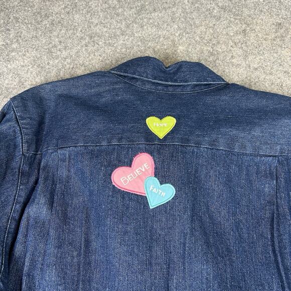 Vintage Quacker Factory Top Medium Denim Embroidered Hearts Valentines Flaws - Picture 11 of 11